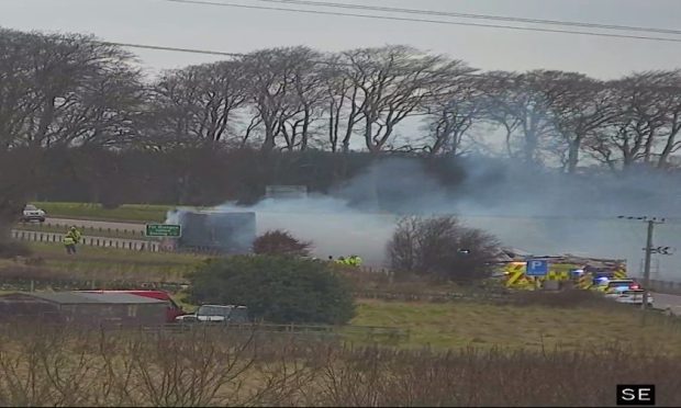 Emergency services are at the scene of the Broxden Roundabout lorry fire in Perth