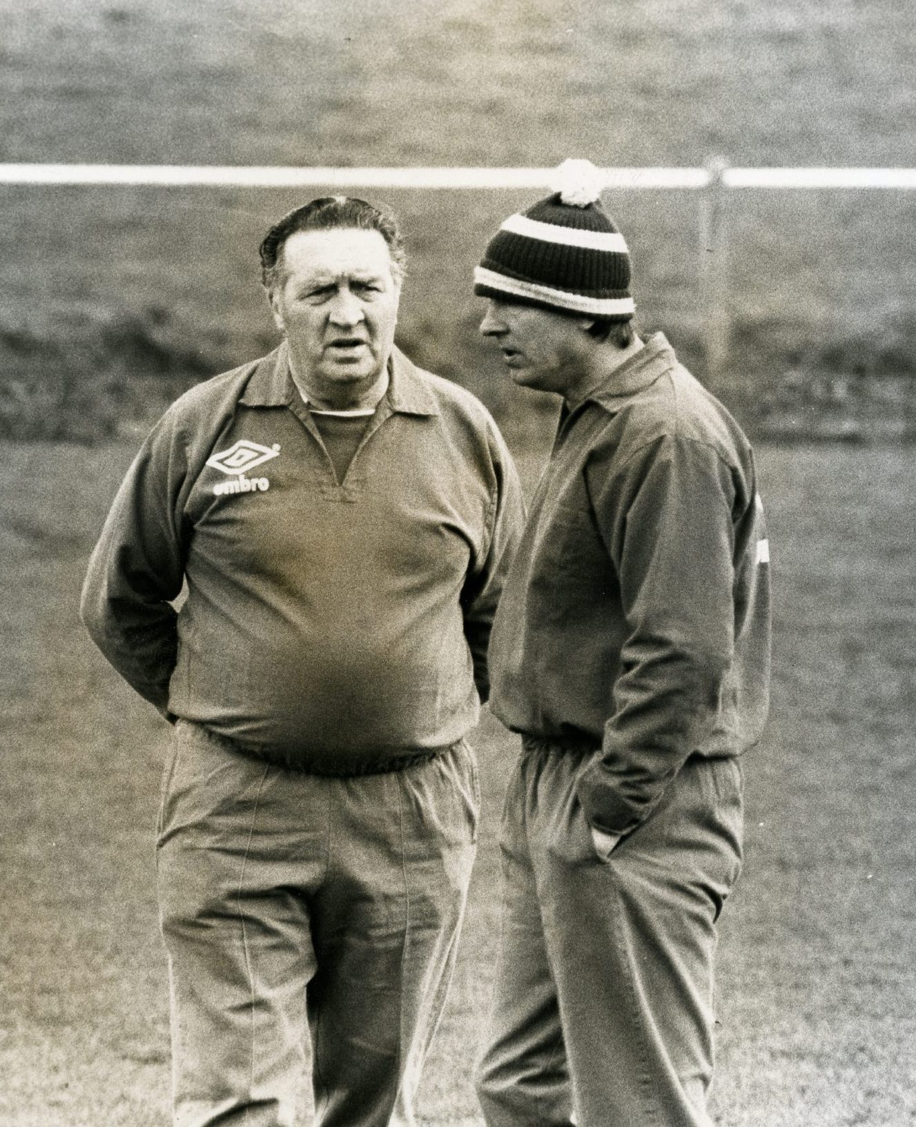 Jock Stein and his Scotland assistant Alex Ferguson on the training ground in March 1985