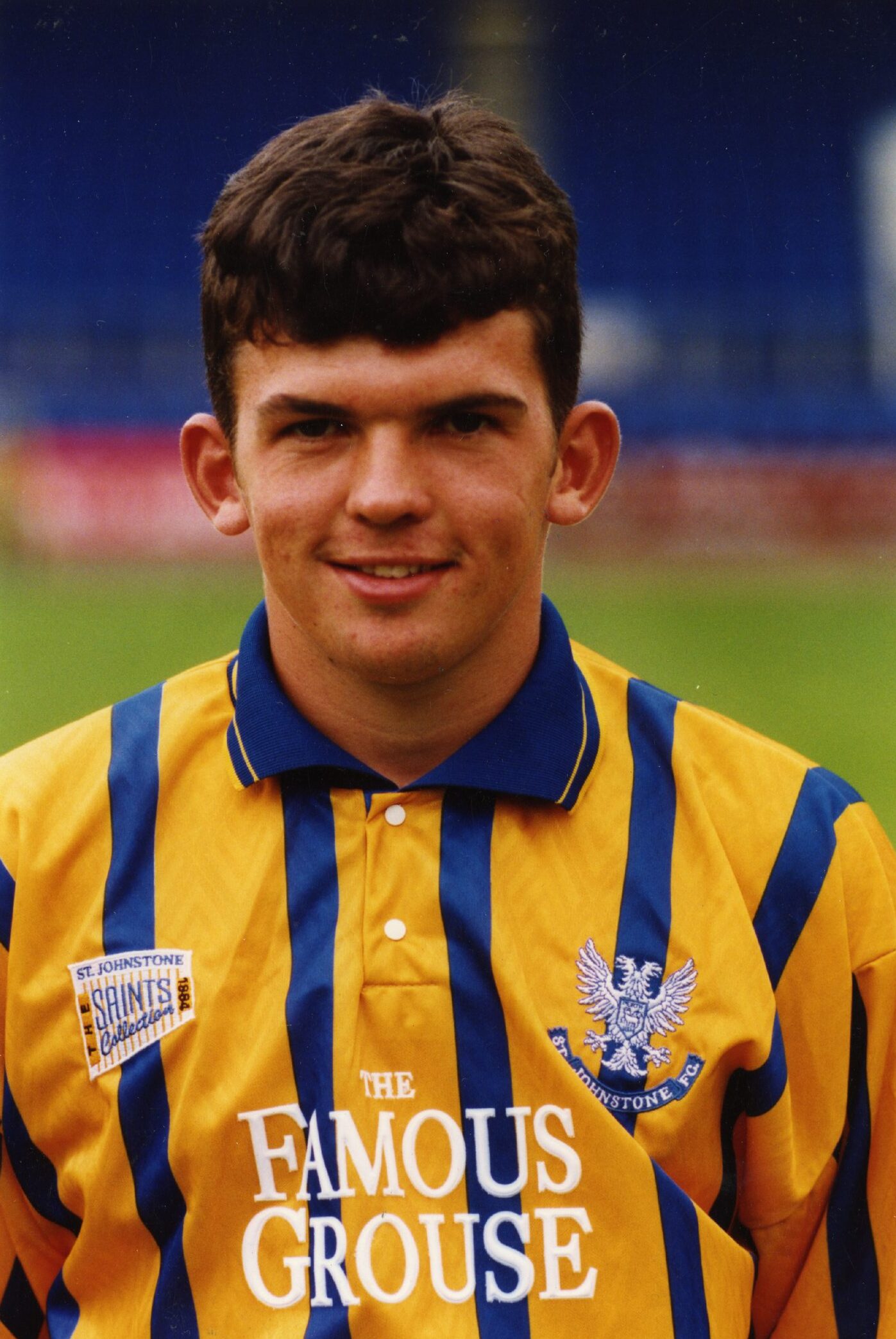 Callum Davidson looks straight at the camera in a press shot; the defender was among the players who wore the Saints Collection.