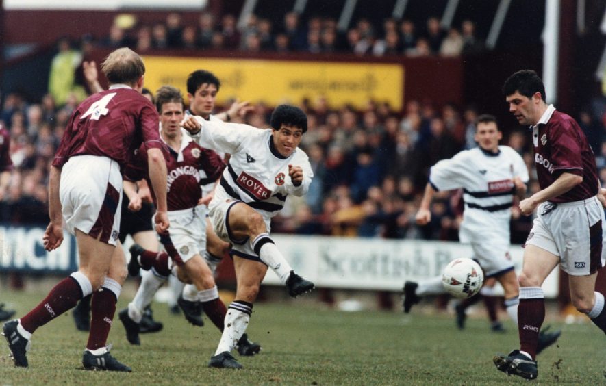 Sergio scores against Hearts in March 1995