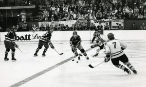 The Dundee Rockets won the Scottish Cup 7-3 against Murrayfield in May 1986. Image shows action from the game.