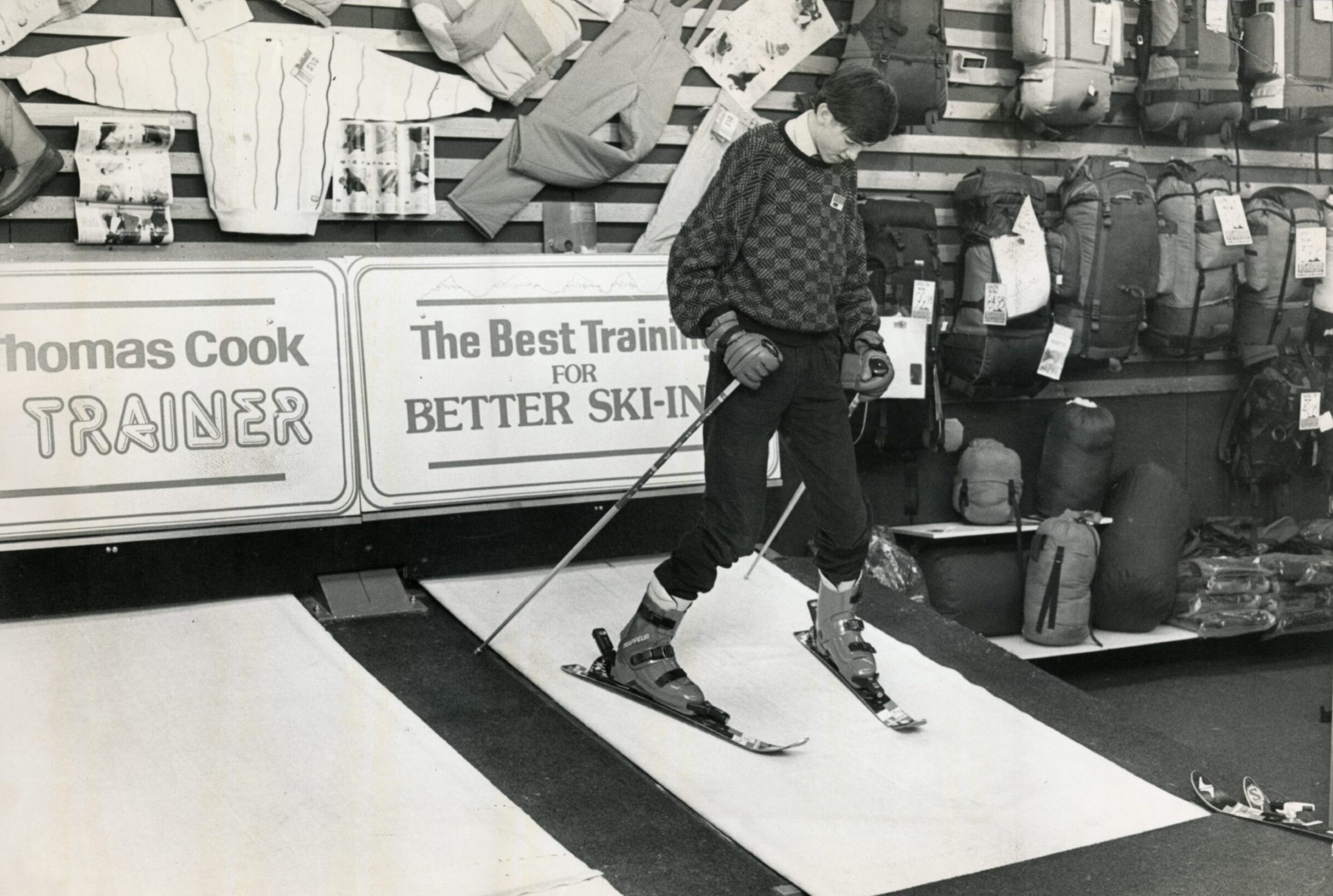 Blacks installed a ski simulator in the Overgate shop in November 1986. A man tries it out.