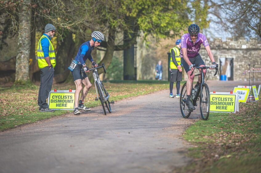 Changing over from bike to run during the duathlon. 