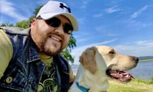 Jon Attenborough with guide dog Sam in  2020. Image: Supplied