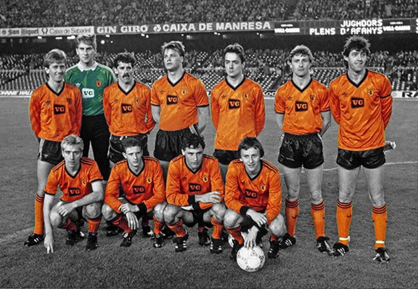 Dundee United line up in the Nou Camp in 1987, wearing the VG shirts, ahead of their Barcelona clash.