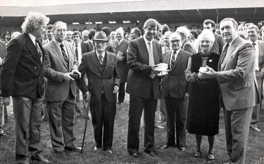 Jock Stein and Alex Ferguson are among those on the pitch at East End Park in 1985