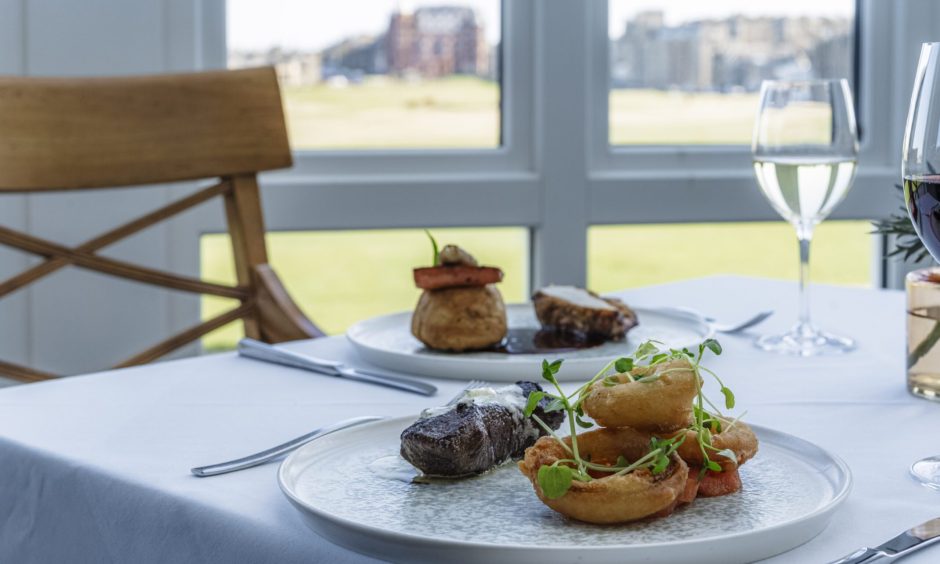 Flat iron Steak with a view at The Conservatory in the Old Course Hotel in St Andrews.