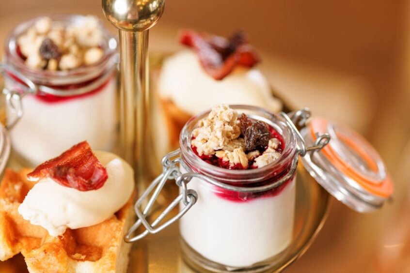 Image shows: a close up of a cake stand for afternoon tea at Hatch in St Andrews.