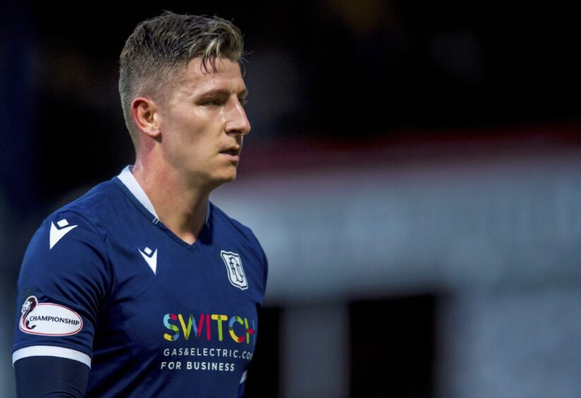 Josh Meekings in the Dundee FC Switch shirt in 2020