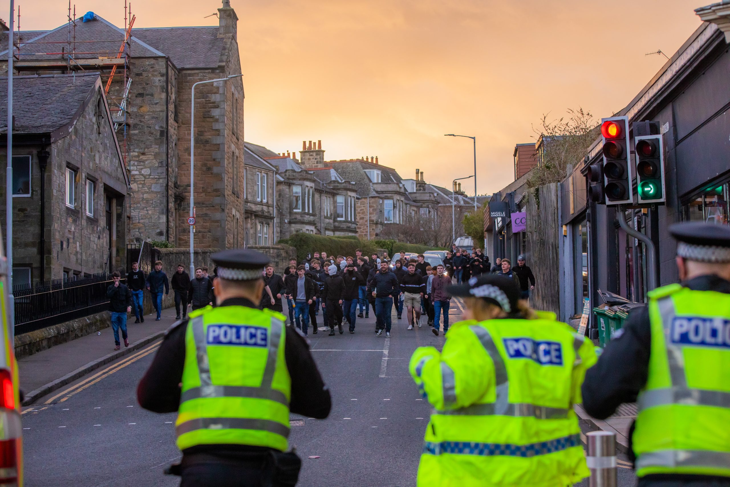 Police keep watch on arriving Dunfermline fans.