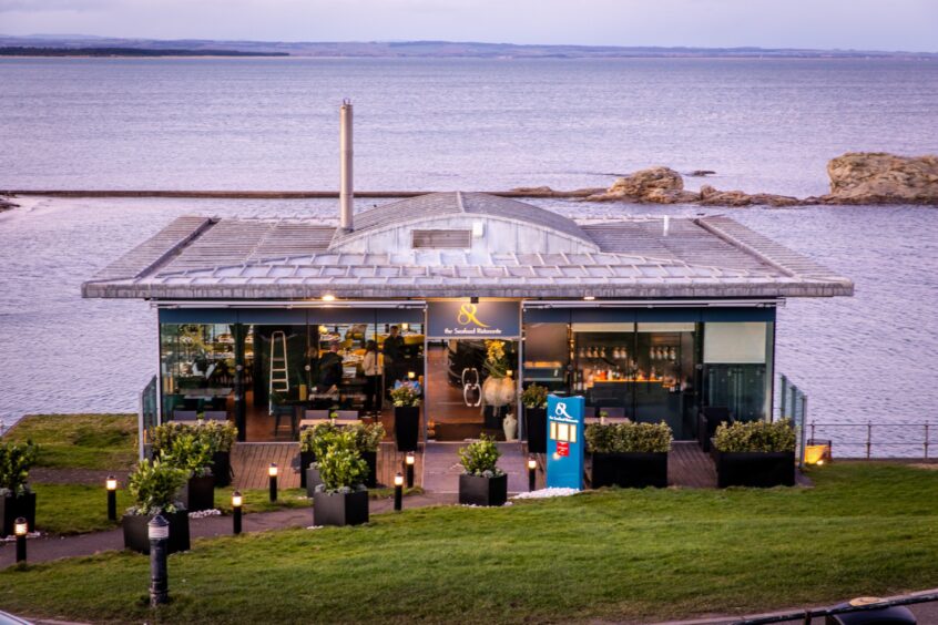 an aerial shot of The Seafood Ristorante, St Andrews, with the water in the background