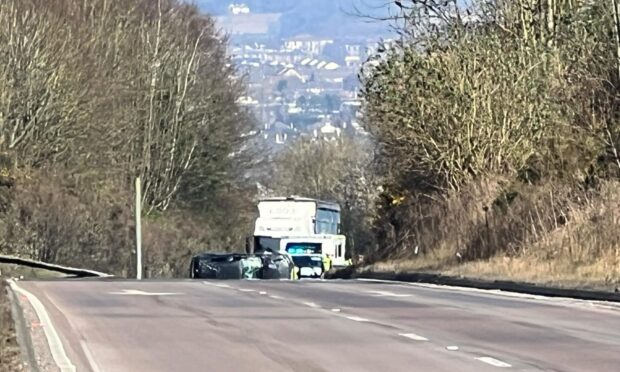 The A92 is blocked at the south side of the Tay Road Bridge. Image: Ellidh Aitken/DC Thomson