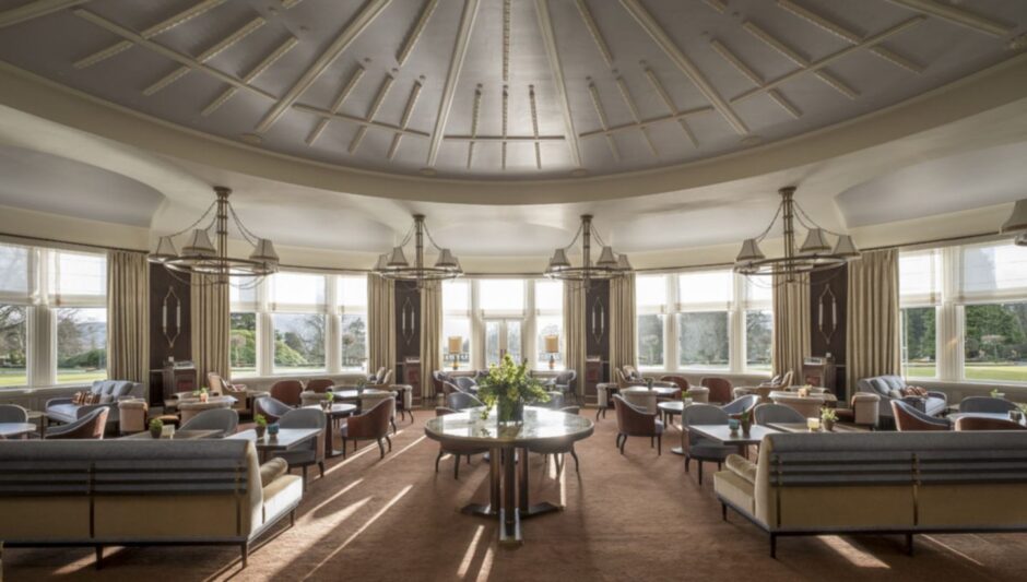 The grand, luxurious Glendevon Dining Room at Gleneagles Hotel, where guests can enjoy afternoon tea.