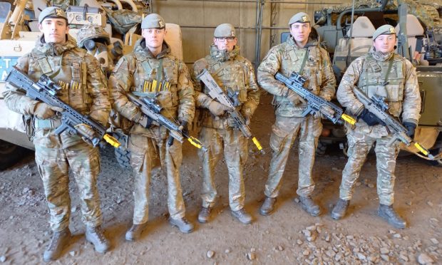 Leuchars-based SCOTS DG troops in Romania: (from left) Trooper Cody James Mackie from Leven, Lance Corporal Jack Skinner from Kent, Trooper William Robert Tait from Mablethorpe, Lance Corporal Geehn from West Midlands, Corporal Dillon Paton from Kilmarnock. Image: Michael Alexander