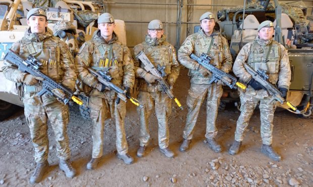 Leuchars-based SCOTS DG troops in Romania: (from left) Trooper Cody James Mackie from Leven, Lance Corporal Jack Skinner from Kent, Trooper William Robert Tait from Mablethorpe, Lance Corporal Geehn from West Midlands, Corporal Dillon Paton from Kilmarnock. Image: Michael Alexander