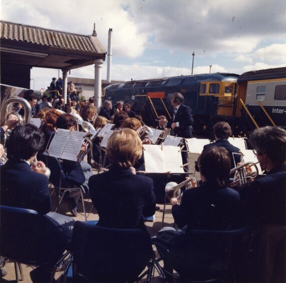 Tayport Brass Band playing on the platform at the naming ceremony. 