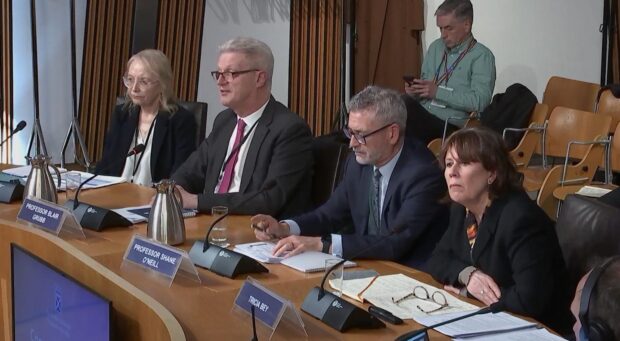 Interim finance director Helen Simpson, vice principal Blair Grubb, principal Shane O'Neill and acting court chair Tricia Bey (left-right). Image: Scottish Parliament