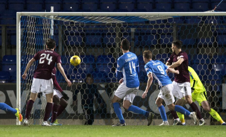 Joe Shaughnessy scores a winning goal for St Johnstone against Hearts.