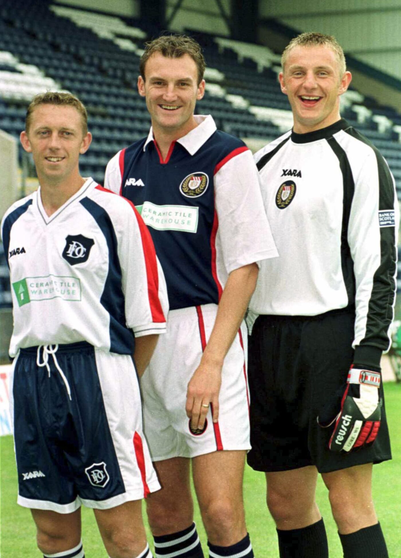 three Dundee FC players in the 1999 kit