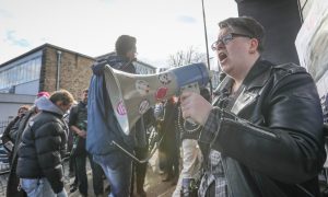 Angry staff demonstrated outside Dundee University while job cuts were set out. Image: Mhairi Edwards/DC Thomson