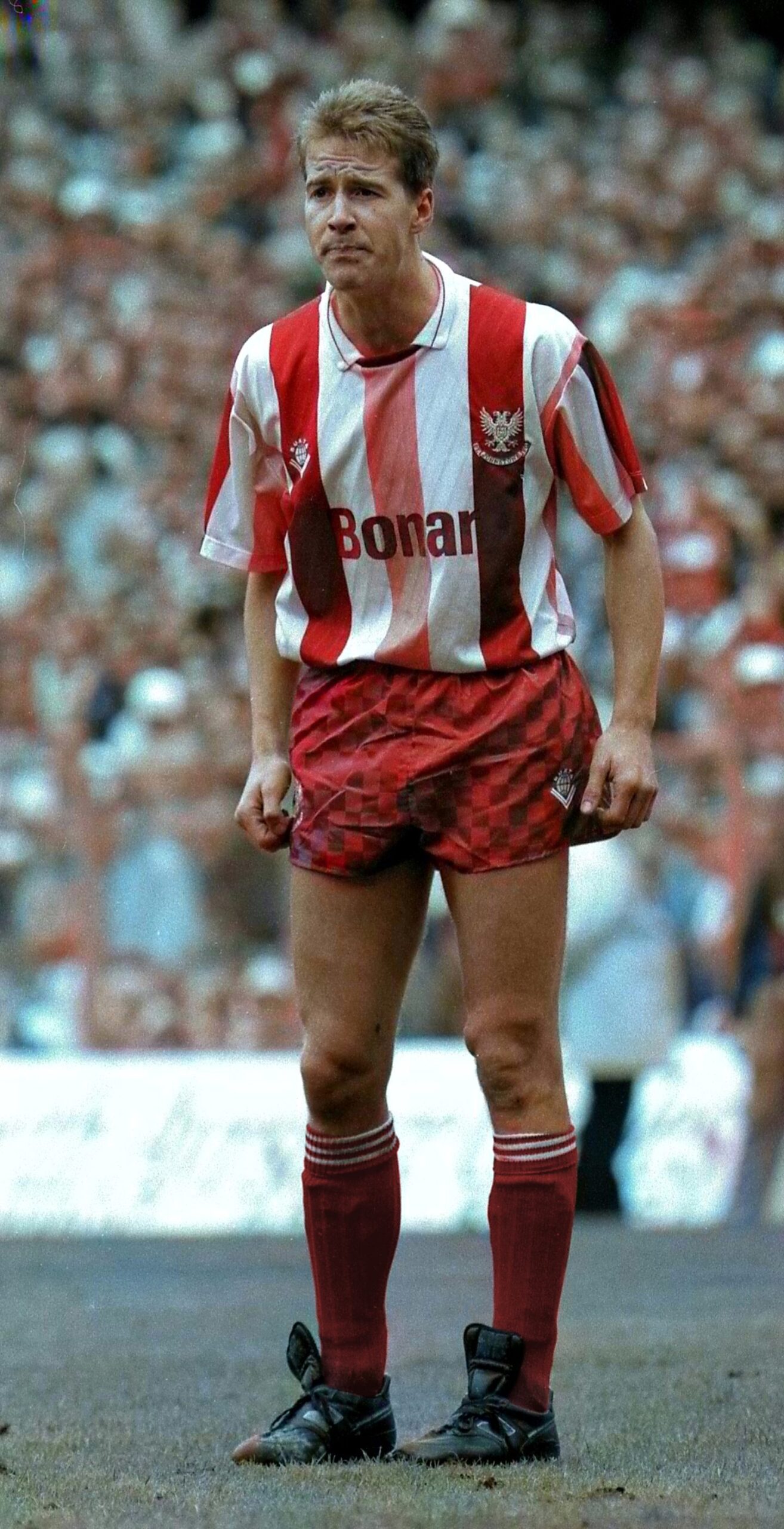 St Johnstone's Mark Treanor in the red and white-striped away shirt in April 1991