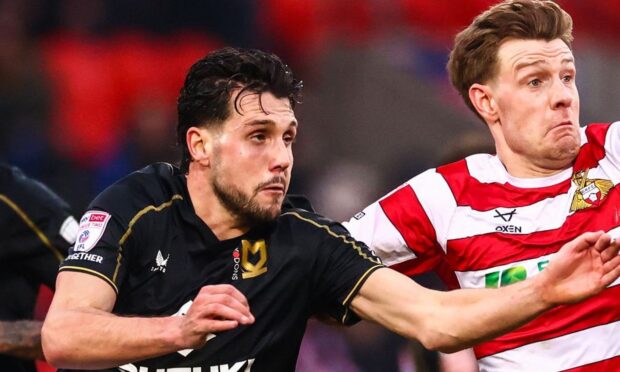 Jack Sanders, making his MK Dons debut against Doncaster Rovers, after leaving St Johnstone.