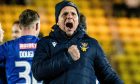 Simo Valakari celebrates St Johnstone's cup win at Livingston with the supporters.