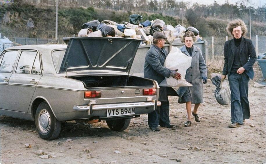 Bags of rubbish being emptied from a car at Riverside tip in April 1975.