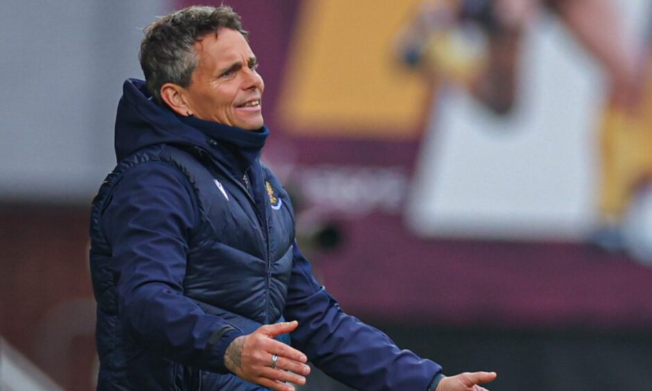 Simo Valakari looks exasperated on the touchline at Fir Park.