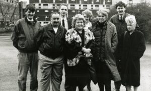 Joanna Lumley at the Skarne blocks in Whitfield in 1989.