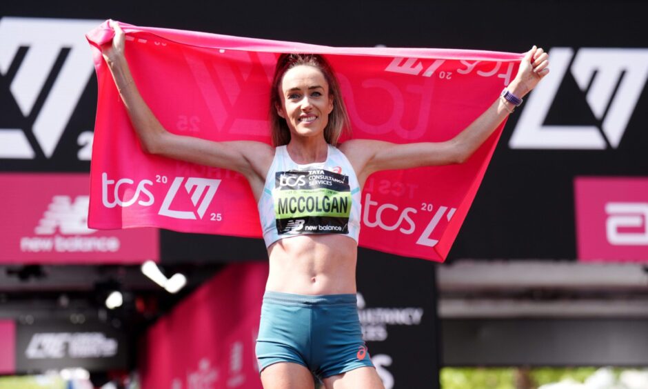 Eilish McColgan celebrates finishing eighth at the London Marathon