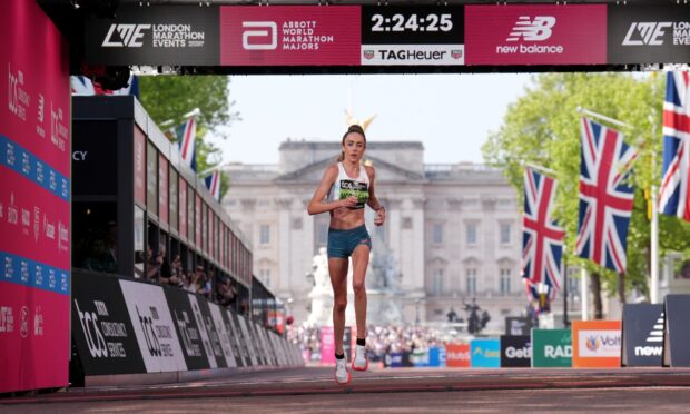 Eilish McColgan finishing eighth in the women's elite race during the TCS London Marathon. Picture date: Sunday April 27, 2025. PA Photo. See PA story ATHLETICS London Photo credit should read: John Walton/PA Wire.

RESTRICTIONS: Use subject to restrictions. Editorial use only, no commercial use without prior consent from rights holder.