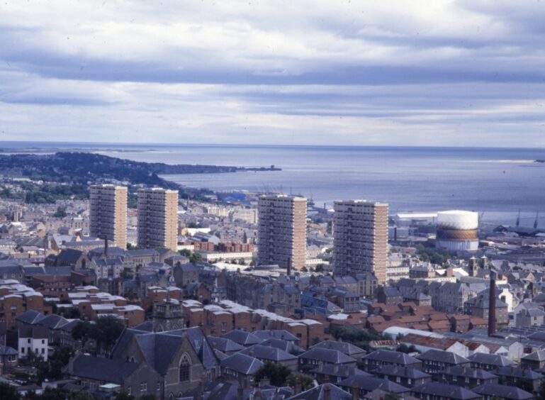 A view from above in 1987 shows the Alexander Street multis, a section of Dundee city centre and the River Tay in the background