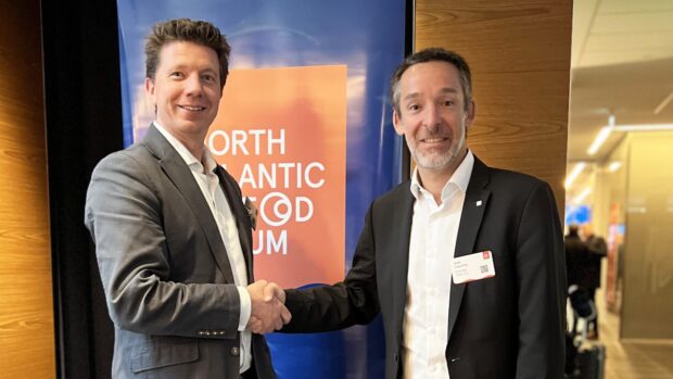 Nathan Pyne-Carter, chief executive of Ace Aquatec with Jordi Trias, president of Stolt Sea Farm. Image: Ace Aquatec.