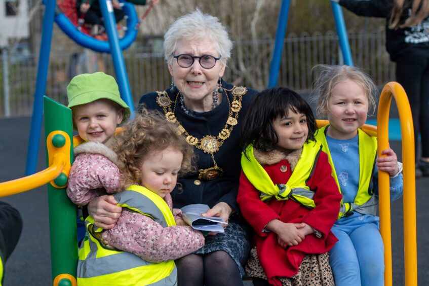 Birkhill nursery children at new playpark opening.