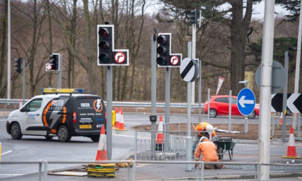 Traffic lights being installed at the Swallow Roundabout. Image: Kim Cessford/DC Thomson