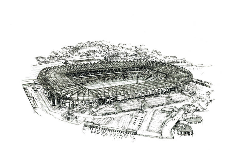 Image shows: Sanna Dyker's illustration of Murrayfield Stadium in Edinburgh.