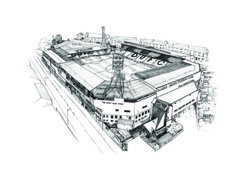 Image shows: a black and white pen drawing of Dundee United stadium Tannadice. The portrait shows the stadium with the Jerry Kerr Stand in the foreground.