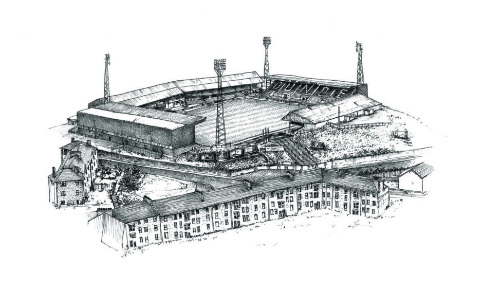 Image shows: a detailed pen drawing of Dundee FC stadium Den's Park by artist Sanna Dyker.