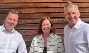 Justin Short, co-founder and chief operating officer of Synergi; Elaine Maddison, chief executive of Brightsolid; and Peter Joynson, co-founder and chief executive of Synergi. Image: Brightsolid