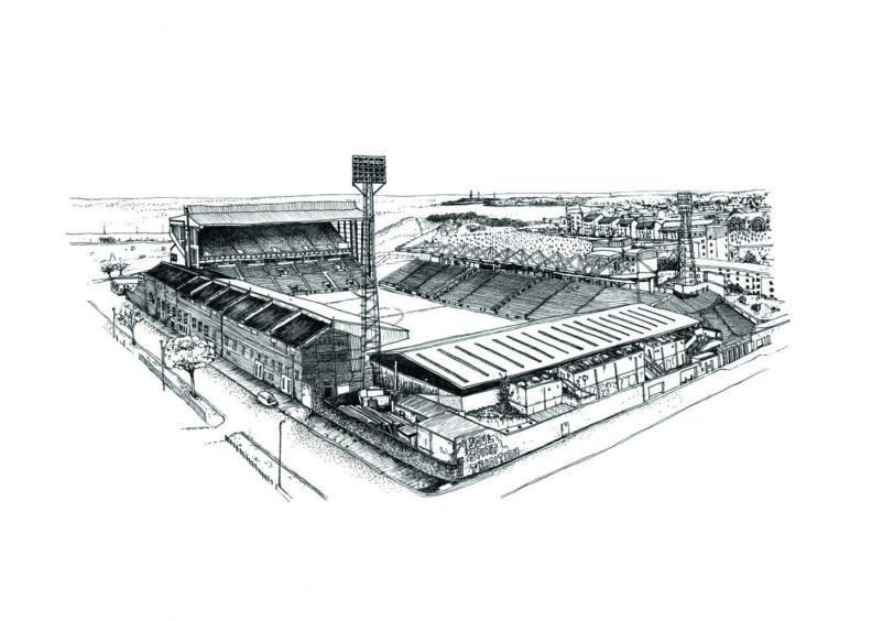 Image shows: a detailed line drawing of Pittodrie Stadium in Aberdeen by Sanna Dyker.
