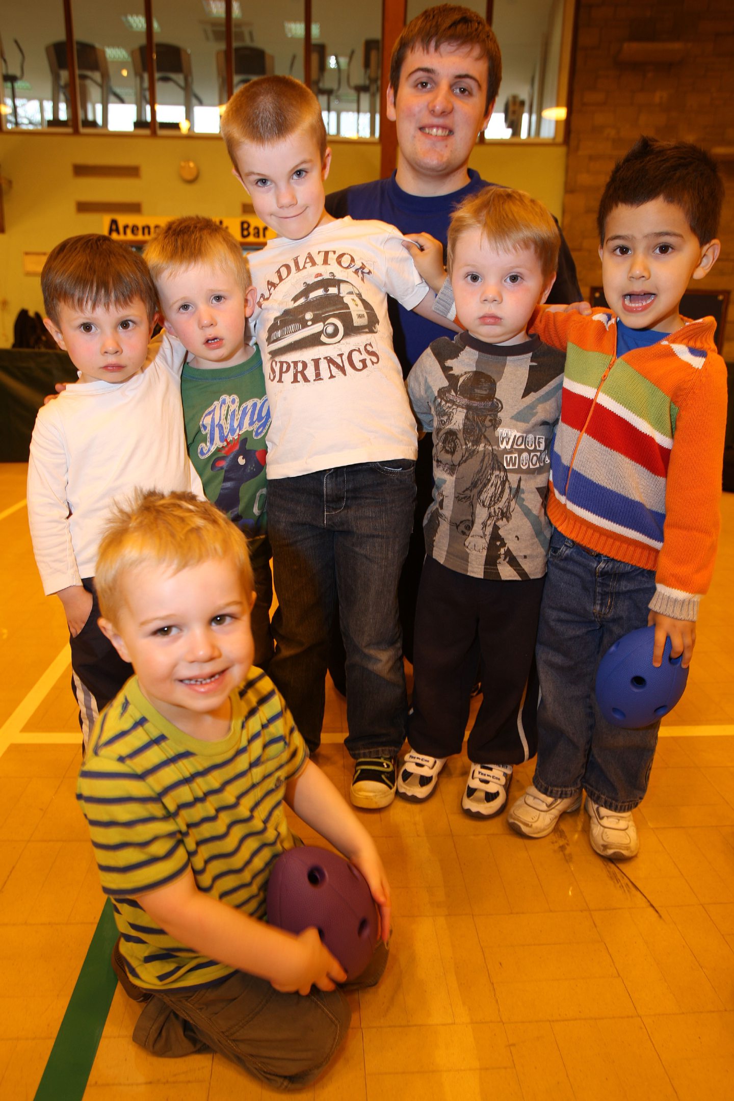Some of the kids with Logan McConachie in a gym hall at the sports centre. 
