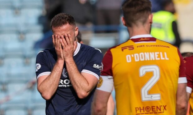 Clark Robertson distraught at full-time after Dundee lost 2-1 to Motherwell. Image: Robert Perry/Shutterstock