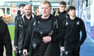 Dunfermline Athletic manager Neil Lennon and squad members before the game against Morton.
