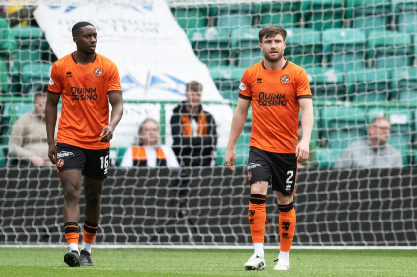 Dundee United's dejected duo Emmanuel Adegboyega, left, and Ross Docherty