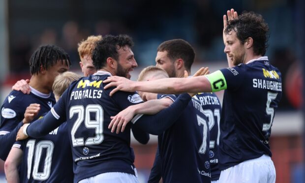 Dundee celebrate Antonio Portales's brilliant opening goal. Image: Craig Foy/SNS