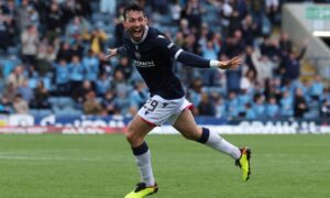 Antonio Portales celebrates wildly before seeing his second goal against Motherwell ruled out by VAR. Image: Craig Foy/SNS