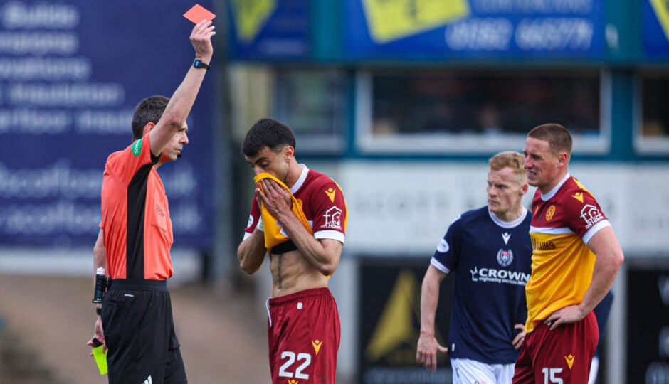 Motherwell's John Koutroumbis saw red late in the second half. Image: Craig Foy/SNS