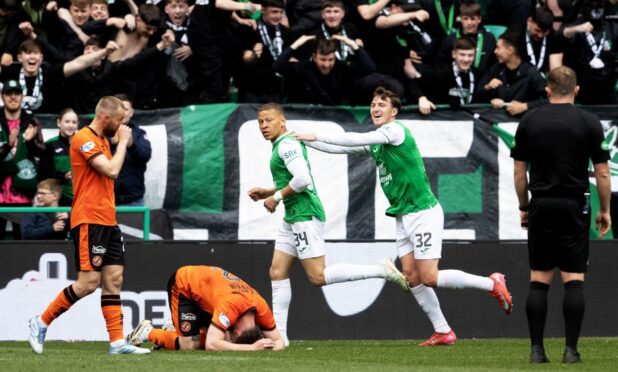The celebrations begin at Easter Road as forlorn United players are condemned to defeat