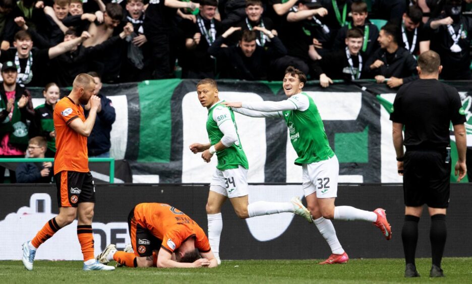 The celebrations begin at Easter Road as forlorn United players are condemned to defeat